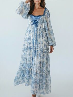 Sugar Thrillz Blue and White Floral Lace-Up Maxi Dress